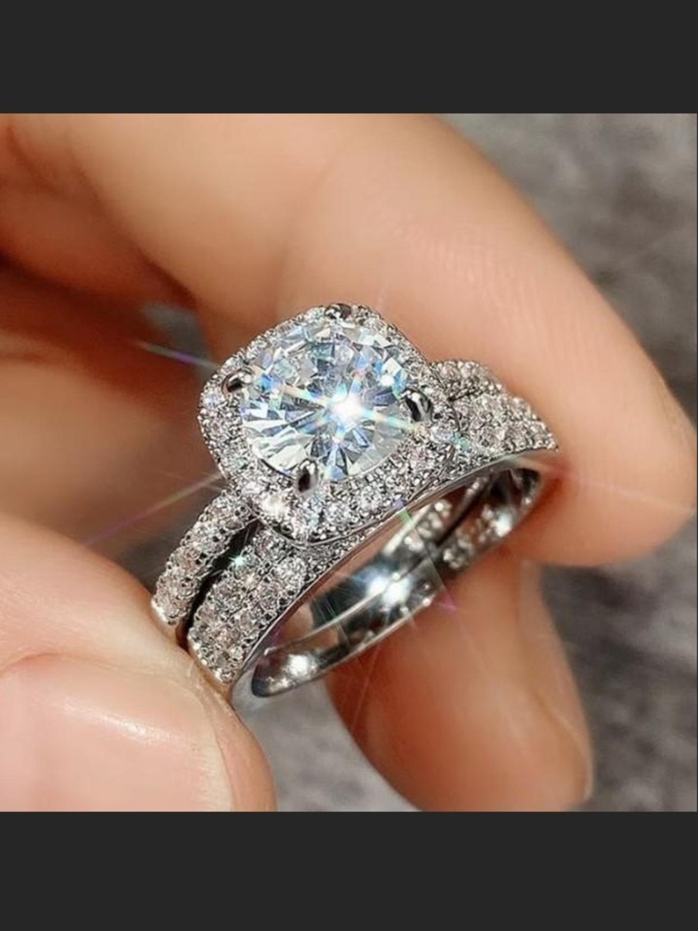 Brilliant White CZ Halo Bridal Ring Set - Unbranded Silver Tone